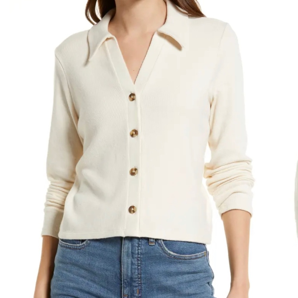Madewell Brushed Rib Crop Polo Cardigan -size small